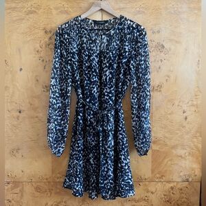 NWT Intermix Blue Animal Print 100% Silk Sheer Long Sleeve Mini Dress
